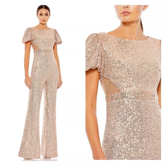 leena for Mac Duggal Sequined Puff Shoulder Illusion Cut Out Jumpsuit size 2 C5 - Picture 1 of 6